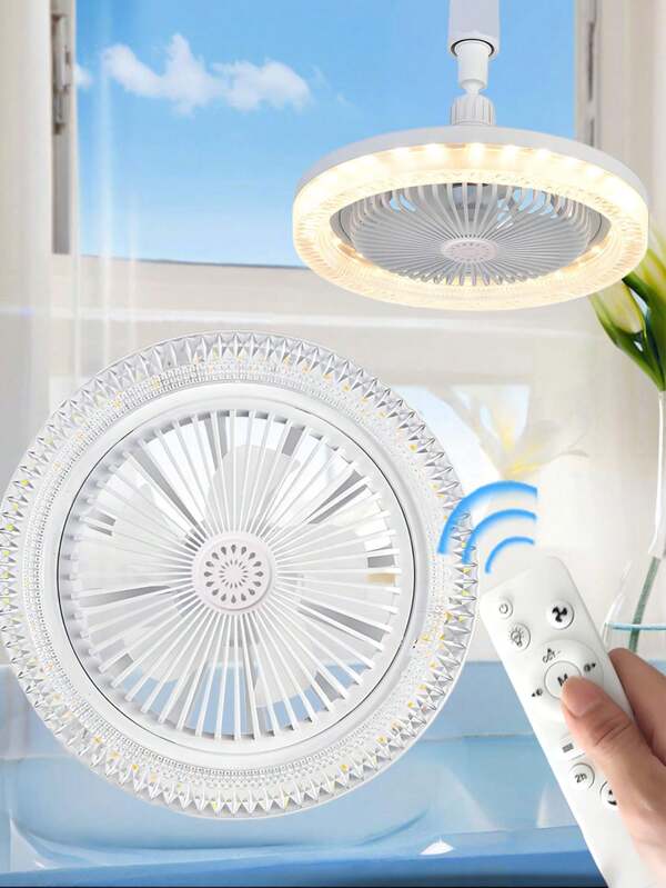 Small 360° Ceiling Fan Socket Fan Light With Remote Control, Three-Speed Wind 3 Colors 3000K-6500K Dimmable LED Light Bulb Fan Screw In Ceiling Fan For Bedroom, Kitchen, Storage Room, Closet, Wireless Small Ceiling Fans With Lights - White, E27 Light Socket, Upgrade The Crystal Lampshade And Aromatic