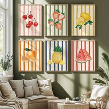 6 件水果抽象艺术印刷品套装画廊简约墙面艺术草莓西瓜柠檬柑橘芒果菠萝热带樱桃，无框架 - 彩色 - 查看 4