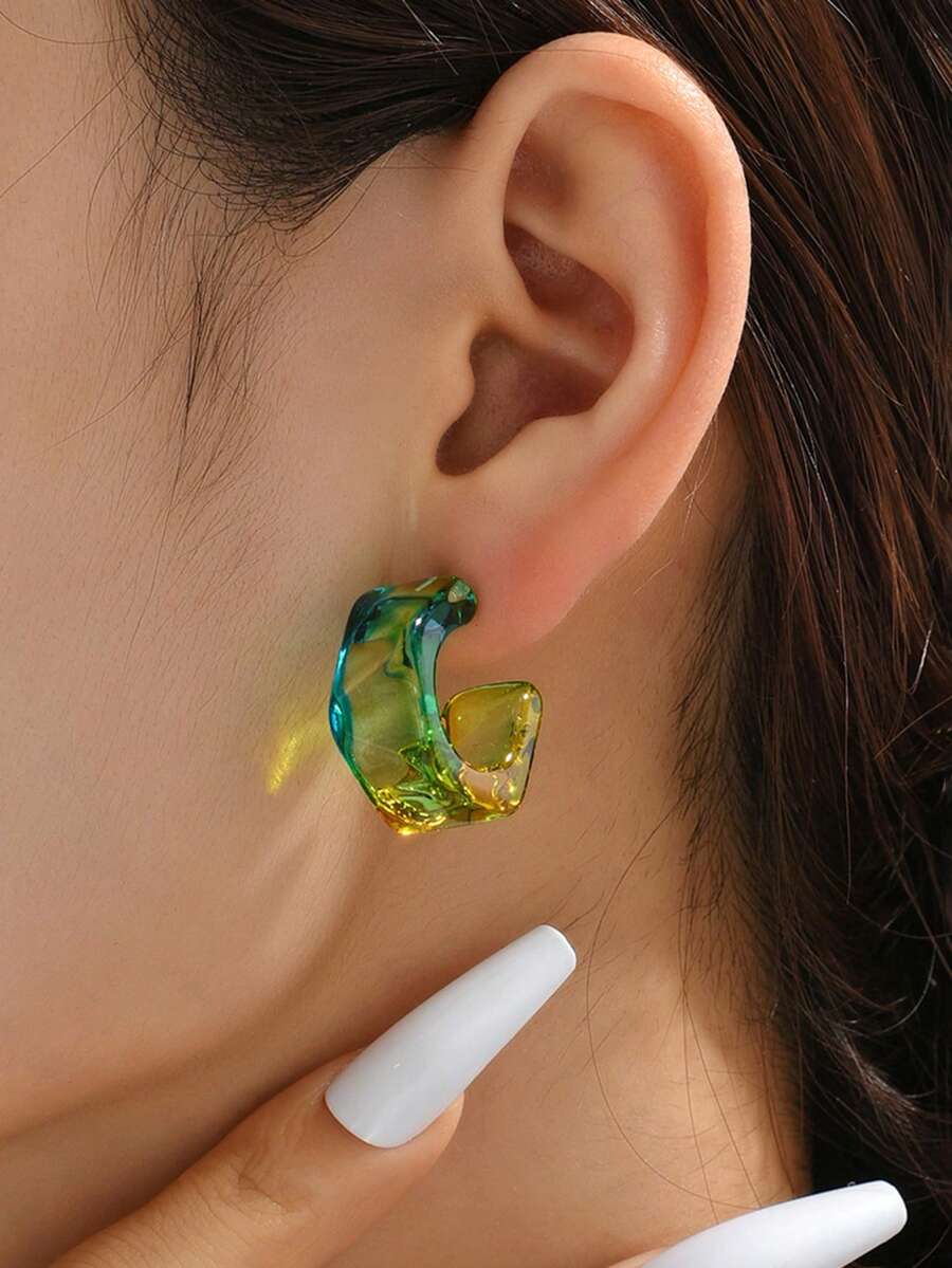 1 Pair Minimalist Fashion Transparent Gradient Acrylic Earrings, Geometric Shape, Candy Color, Women's Accessories - Green - View 1