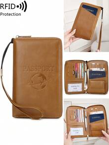 MIYIN RFID Blocking Passport Cover Card Holder With Card Slot ID Window,Solid Color PU Letter&Airplane Pattern Portable Passport Clip Ticket Clip Bank Card Bag Versatile Zippered Mobile Phone Travel Passport Wallet For Men And Women, With Wrist Strap,For Travel Flight Go Abroad For Business,Passport Holder Passport Case Passport Bag Travel Accessories Travel Essentials Back To School Stuff - Multicolor - View 7