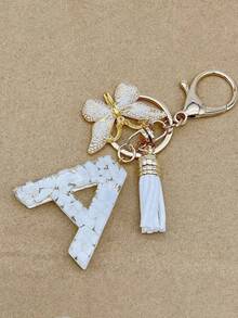 新品上市可爱配饰 DIY 手工制作，1 件白金纹理蝴蝶树脂字母流苏钥匙扣，创意手提包吊坠，适合作为送给朋友的礼物 - 白流蘇 - 查看 11