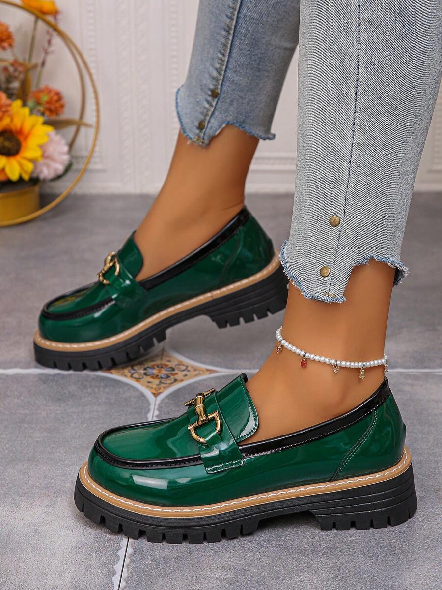 2026 New Round Toe Dual-Color Non-Slip Thick Sole Casual Loafers For Women - Green - View 1