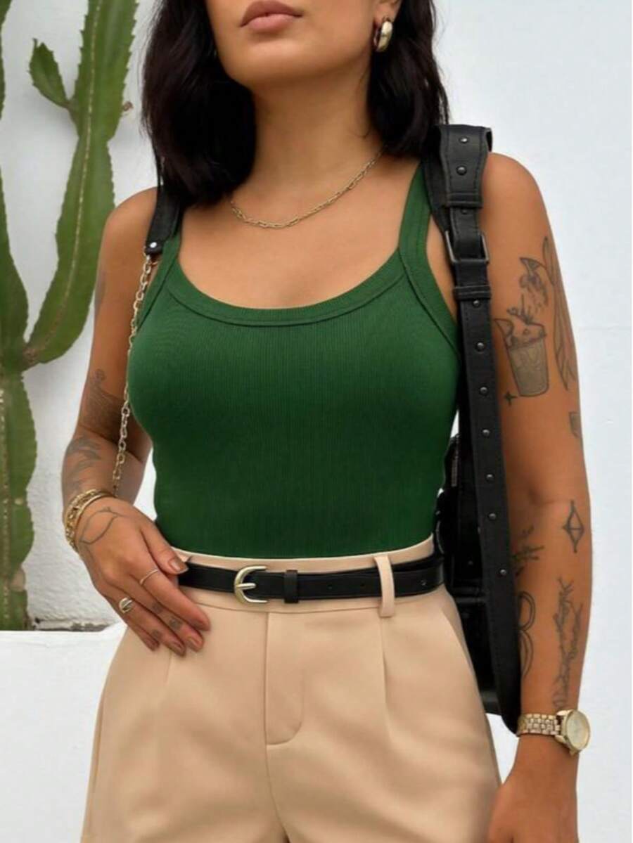Casual Summer Strappy Tank Top - Army Green - View 1