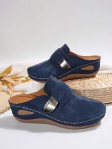 Elegant Fashion Women's New Platform Slip-On Mules, Comfortable Soft Sole Slides For Spring/Autumn, Suitable For Home, Walking, Commuting - Navy Blue - View 3