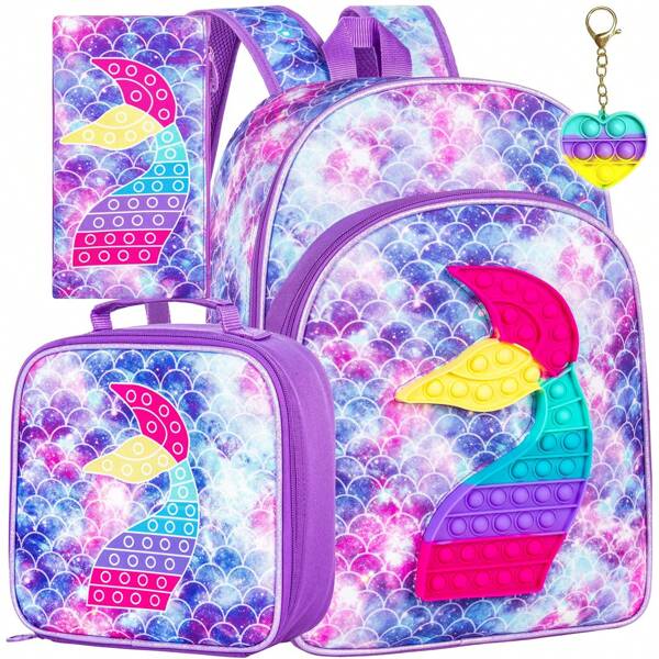 3PCS Mermaid Backpacks For Girls, 16" Kids Bookbag And Lunch Box For Elementary School Toddler Kindergarten Preschool -Purple