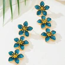 1 par de pendientes con colgante de 5 pétalos con flores estilo tropical recubiertos de epoxi para mujeres