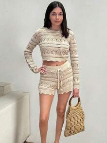 Women's Solid Color Hollow Out Long Sleeve Cropped Top And Comfortable Loose Shorts Set - Apricot - View 3