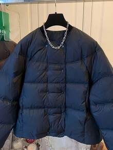 Women's Winter Solid Color Double-Breasted Jacket, Fashionable Short Quilted Coat, Winter Casual Round Neck Overcoat, With Pockets, Winter Clothing