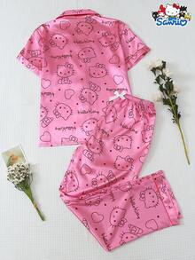 [Homely Gents]2pcs Authorized Satin Sanrio Hello Kitty Collar Short Sleeve Button Pocket Top And Bowknot Pants Pajama Set, Pink, Suitable For Home Wear, Spring/Summer - Pink - View 2