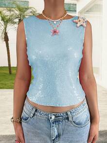 Women Summer Sequins Tank Tops Casual Cute Pearl Starfish Shiny Sleeveless Shirt Aesthetic Clothes For Streetwear - Baby Blue - View 2