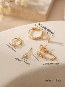 4 Stücke/Set zierliche Ohrringe mit kubischem Zirkonia in Gold, mit Stern-, Kleeblatt- und Kettendesign, Creolen/Ohrstecker für Frauen, perfekt für täglichen Chic und funkelnde Partys