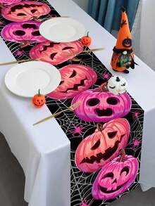 1Pc /100PCS 35*180cm Halloween Pink Pumpkin Themed Polyester Table Runner - Black Spider Web Background, Exquisite Carved Pink Pumpkin Pattern, Suitable For High-End Halloween Parties, Family Gatherings, Festive Dining Table Decoration
