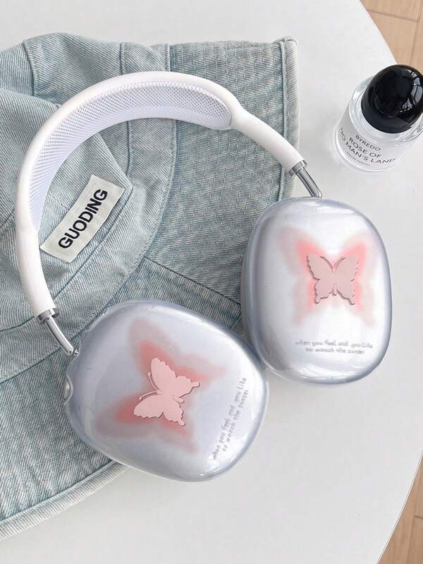 1 Pair Cute Pink Butterfly Design Protective Case Compatible With Apple Max Headphones, Dust-Proof, Anti-Fall, Waterproof, Anti-Scratch