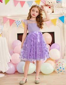 Toddler Girls Tutu Dress Summer Contrast Mesh Party Dresses Cute Princess Tulle Sundress With Belt 2-8Y - 紫色的花 - 查看 5