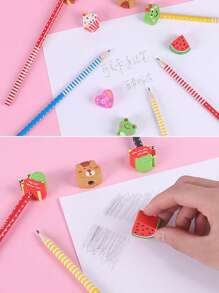 15支卡通铅笔带橡皮擦 + 免费双孔带盖铅笔刀 | 小学生塑料手动铅笔刀，儿童学习用品，幼儿园奖品，可爱创意绘画和素描铅笔，返校礼物