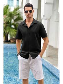 Mens Linen Button Down Shirts Short Sleeve Basic Cuban Regular Fit Wedding Summer Beach Tops - Màu be - Xem 5