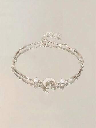 1pc Fashionable Elegant Silver Tone Moon Zirconia Bracelet
