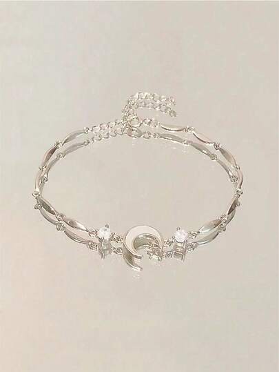 1個 ファッショナブルな上品なシルバートーンムーンジルコニアブレスレット