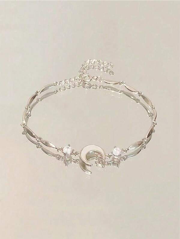 1pc Fashionable Elegant Silver Tone Moon Zirconia Bracelet