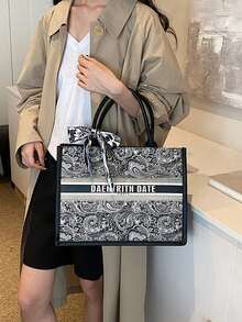 2025新款时尚热销手提包，便携购物袋，小众设计，奢华高品质，附赠海外蝴蝶结丝巾，大容量，适合日常休闲、通勤、上学、旅行、派对、宴会等场合（含丝巾） - 黑色 - 查看 5