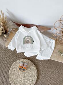 2Pcs/Set Baby Girls' Rainbow Embroidery Casual White Long Sleeve Hooded Sweatshirt & Long Pants Set, Autumn/Spring - White - View 5