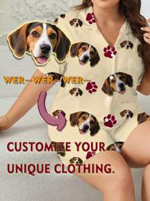 Conjunto de pijama de verano para mujer talla grande, short de manga corta con cuello polo, estampado personalizado de pata de mascota, ropa de estar en casa casual