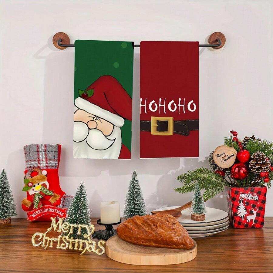 A 2pcs Set Of Christmas Themed Towels Designed With A Simple Christmas Tree And Candy Pattern Print, Machine Washable, Heat-Resistant, Absorbent And Reusable, Suitable For Room Decoration, Kitchen And Bathroom Towels, Party Decoration, Home Decoration, And Ideal Christmas Gift.
