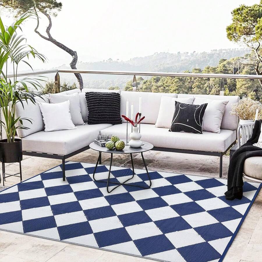 Outdoor Plastic Straw Rug 8x10 Reversible Patio Rug Outdoor Rug Waterproof Camping Rug Portable Outdoor Floor Mat For RV Porch Balcony Patio Camping Picnic Beach Dark Blue Diamond,6622466 - Blue - View 1