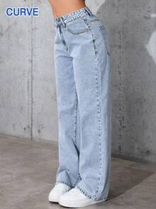 Halloween Plus Size Baby Blue Denim Pants, Autumn And Winter Women's Simple And Casual Loose Straight-Cut Washed Denim Pants
