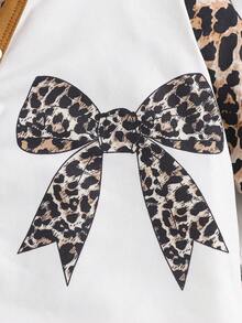 婴儿女孩休闲可爱豹纹蝴蝶结印花连体衣，长袖家居服，春秋季 - 棕色 - 查看 3