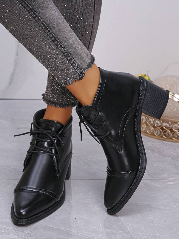 Outdoor Bare Ankle Boots, Short Boots, Chunky Heels, Lace-Up, Solid Color Sexy Fairy Street Style Retro Y2K Party Elegant Western Style Nightclub Super Fiber Leather Patchwork Wedding School Holiday Party Office Outdoor Home Summer Autumn All Seasons