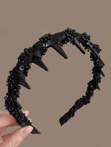 Rhinestone Teeth Decor Non-Slip Handmade Beaded Criss Cross Headband, Fluffy Topknot Headpiece, Lightweight Luxury Women Versatile Accessory, Hair Band, Hair Hoop, Zig Zag Headband, Black, Hair Accessories Head Accessories Hairband - Black - View 14