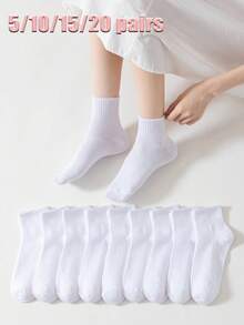1/5/10/15/20 Pairs Women White Casual Sports Ankle Socks, Soft & Comfortable, Suitable For Daily Wear In Summer & Autumn, Size 36-42