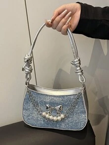 热销西部牛仔补丁风格女士单肩包，欧美秋冬时尚配饰钱包新品，非常适合日常出游、通勤、逛街。 - 寶藍色 - 查看 1