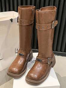 Botas altas retro de tacón grueso para mujeres en color marrón, con hebilla ajustable, tacón ancho, cremallera lateral, caña alta, pantorrilla ancha, botas estilo western, de motociclista, tallas grandes - Marrón - Ver 10
