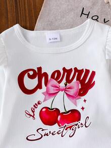 2 pièces/set Top t-shirt à manches courtes imprimé cerises pour bébé fille et jupe en jean plissée avec broderie de cerises - Blanc - Voir 5