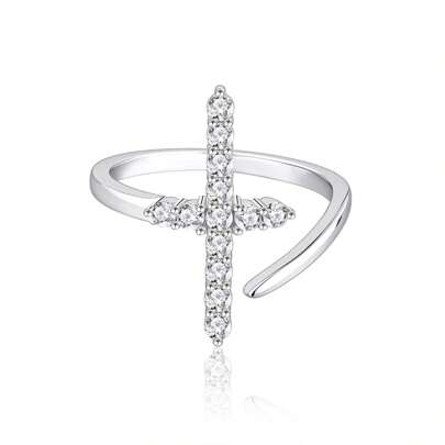 1pc Fashion New Mosaic Cross Shape Women's Ring, S925 Sterling Silver Adjustable Cross Ring, Suitable For Daily Wear And Formal Parties