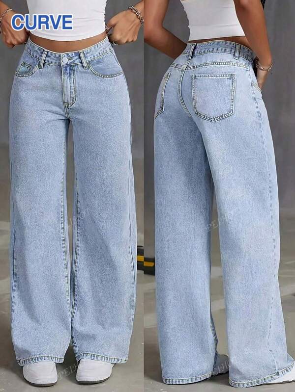 Plus Size Women's Simple Casual Loose Straight Leg Washed Denim Jeans