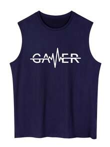 Men's Letter & Heart Print Casual Sleeveless Tank Top - Navy Blue - View 1