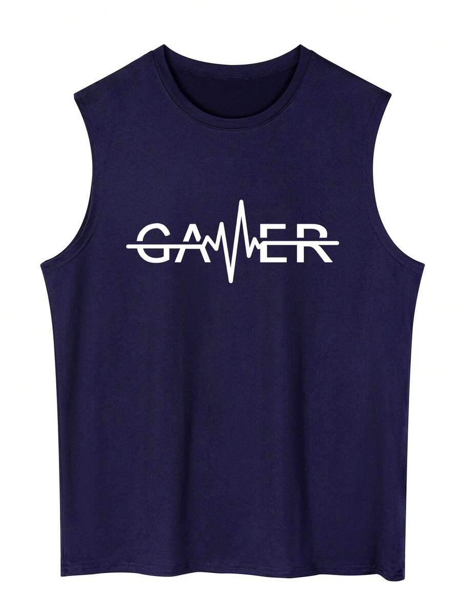 Men's Letter & Heart Print Casual Sleeveless Tank Top - Navy Blue - View 1
