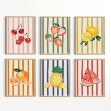 6 件水果抽象艺术印刷品套装画廊简约墙面艺术草莓西瓜柠檬柑橘芒果菠萝热带樱桃，无框架 - 彩色 - 查看 2