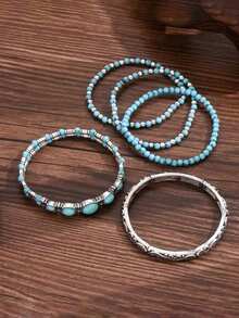 Bộ 5 vòng tay co giãn đính hạt giả ngọc lam kiểu cao bồi miền Tây, phù hợp cho cả nam và nữ, thích hợp đeo hàng ngày. - Nhiều màu - Xem 2