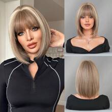 NICKY WALL 12 Inch Women's Basics Bob Wig With Bangs ,Highlight Brown Mixed Beige Short Straight Hair Synthetic Wig Heat Resistant Fiber For Daily Party Use