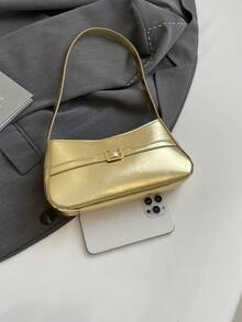 1 件金色手提包，新款金属五金装饰纯色 PU 法棍单肩包，女士 - 金色 - 查看 7