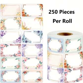 250 etiquetas/1 rollo Etiquetas rectangulares con flores y plantas, etiquetas autoadhesivas con bendiciones manuscritas para regalos, embalaje, útiles escolares, vuelta al colegio