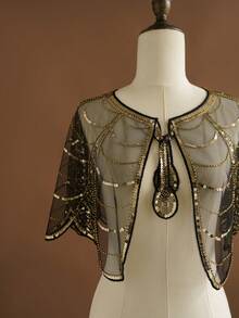 优雅亮片串珠披肩，饰以闪亮水钻，黑金配色，是婚礼和正式场合的完美配饰，尽显奢华气质，亮片点缀更添精致，亦可作为婚礼宾客披肩。 - 多色 - 查看 3