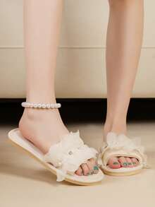 秋冬蕾丝面料时尚仿珍珠女士室内拖鞋，春秋新款女士家居拖鞋，毛绒拖鞋 - 米色 - 查看 3