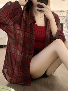 2025夏季新款格子衬衫女休闲宽松上衣上衣 - 紅色 - 查看 7