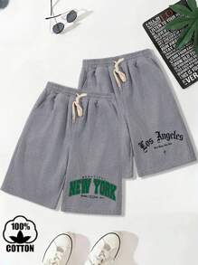 Pantaloncini da uomo in cotone basic, stampa in stile città americana, stile college con blocchi di colore a coste, nuovi pantaloncini da uomo morbidi e traspiranti, primavera ed estate, set da due pezzi grigio floreale.