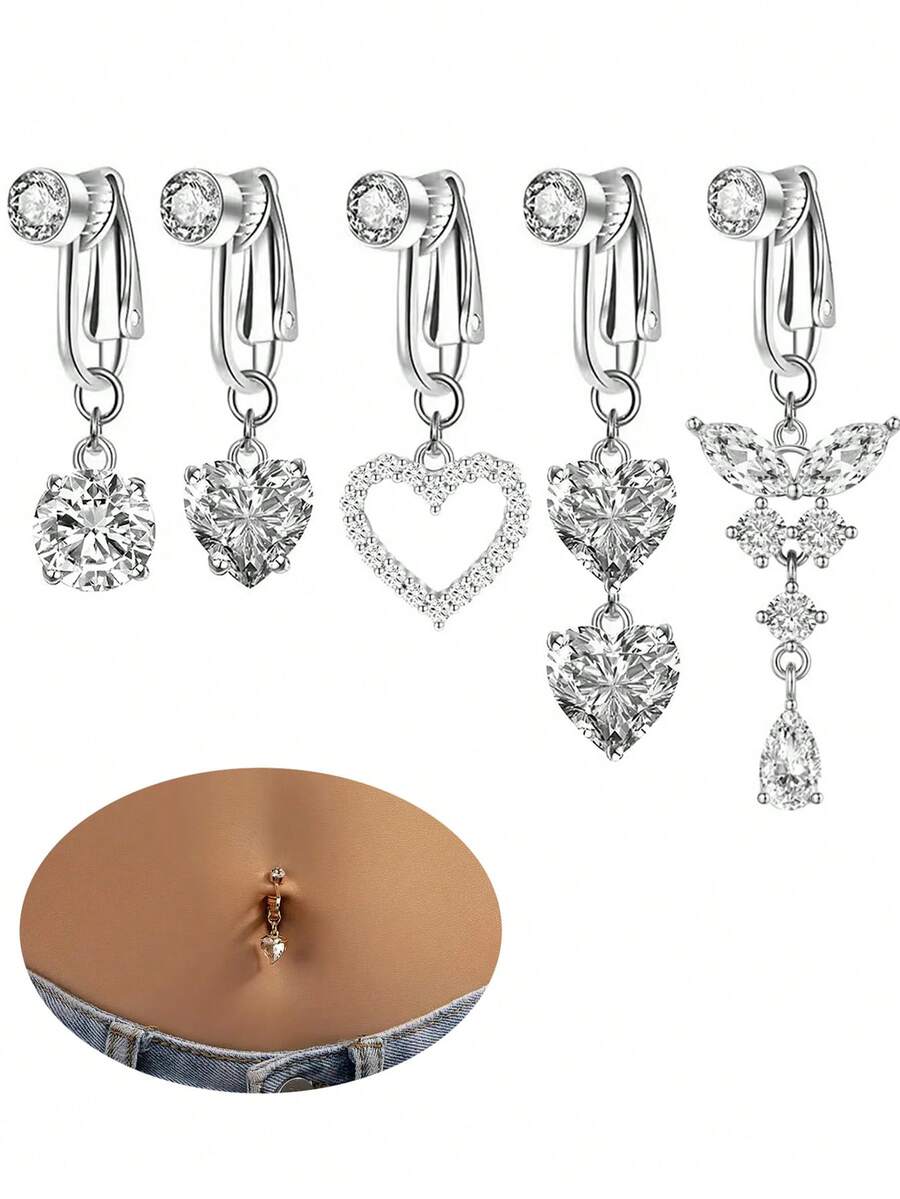 5pcs Gold Fake Belly Button Rings, Women Clip-On Fake Navel Rings, No Piercing Required - 5 Belly Button Clips - View 1